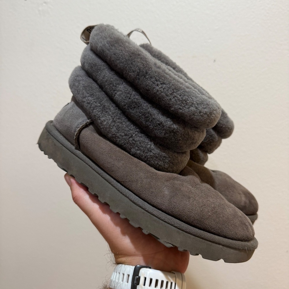 UGG Fluff Mini Quilted Grey Suede Sheepskin Ankle Boots 1098533 Womens 7